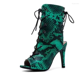 Boots Snake Skin Ankle For Women Lace Up Open Toe Cut Out Stiletto High Heels Night Club Street Shoes Sexy Print Heel 9.5 Cm