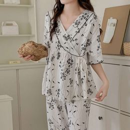 Summer Woven Cotton Maternity Nursing Sleepwear Sets Across V neck Loose Pamas for Pregnant Women Pregnancy Home Night Wear L2405