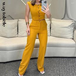 Women's Two Piece Pants Waytobele Women Set Summer Fashion Solid Round Neck Backless Cutout Single Breasted Slim Top With Pockets Sets