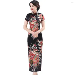Ethnic Clothing Women Dress Chinese Style Flower Print Stand Collar Short Sleeve Slit Cheongsam Traditional