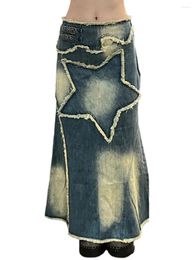 Skirts Women Casual High Waisted Denim Maxi Vintage Frayed Hem Split A-Line Long Jean With Pockets