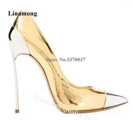 Dress Shoes Linamong Silver Pointed Toe Patchwork Gold Leather Metal Thin Heel Pumps Sexy Slip-on Unique High Heels Wedding