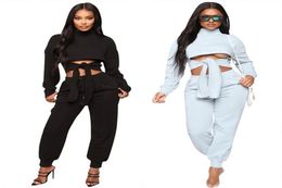 2 Piece Sets Womens Outfits Matching Sets Crop Tops Front Tie Solid Long Sleeve Casual Women Two Piece Set Clothing4071437