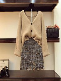 Autumn Winter Womans Vnecked Cardigan Knitted Coat Highwaisted Tweed Skirt Two Piece Girl Ladies Skirts Set Outfits9687668