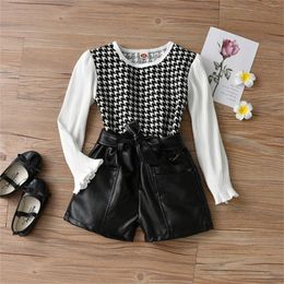 Shorts KIds Toddler Child Infant Baby Girls Long Sleeve Print Ribbed Tops PU Leather Pant 2PCS Floral Outfits
