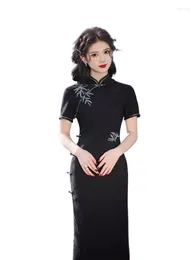 Ethnic Clothing 2024 Spring/summer Elastic Jacquard Embroidered Mid Length Qipao Chinese Style Waist Closing And Slimming Cheongsam Female