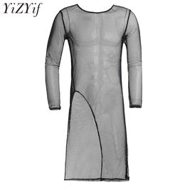 YiZYiF Mens Sexy Sleeves Crew Neck Mesh Seethrough Irregular Hem Front Split Long TShirt Undershirt Clubwear Nightwear4179187