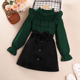 Clothing Sets Girl's Spring Autumn Suit Solid Colour Long Sleeve Lace Hollowed Out Pleated Top And Belt Button Decorated Short Skirt Casual