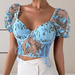 Women's Blouses Women Top Stylish Mesh Splicing Embroidery Flower Pattern Cropped With Side Drawstring Design Sexy V-neck For