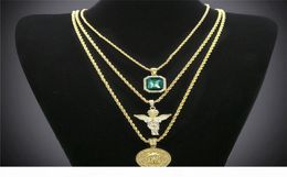 Hip Hop Gold Plated Necklace Iced Out Rhinestone Crystal Jewelry Necklace Set With Angel Jesus Pendant Necklace Chain 6988701