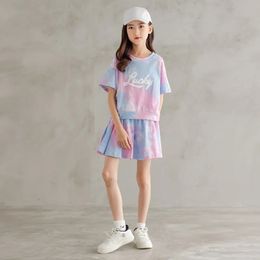 Summer Children Girl Golf Tennis Clothes Set Kid Tie Dye Tshirts and Skirts 2 Pieces Suit Teenage Top Bottom Outfits Tracksuits 240518