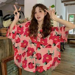 Women's Blouses Bright Rose Red Flower Blouse Cute Spring Summer Button Up Half Sleeve Shirt Turn-down Collar Hawaii Women Girl