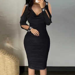 Casual Dresses Women's Ruched Bodycon Midi Party Dress Sexy V Neck Elegant Fashion Rhinestone Decor Cold Shoulder Evening Gown Wrap