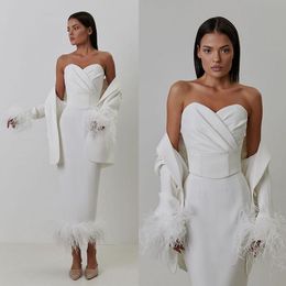 White Women Dress Suits Slim Fit Ostrich Feather Evening Party Wear For Wedding Straight Skirt 3 Pieces 305M