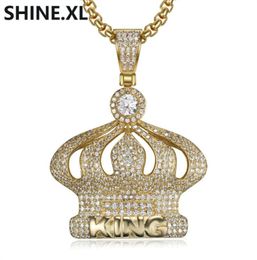 18K Gold Plated Micro Paved Cubic Zircon Crown Pendant Necklace Men Hip Hop Bling Jewellery Gift3643308