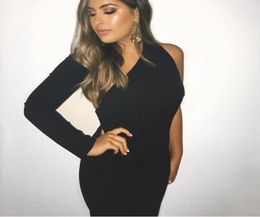 One Sleeve Knee Length Dress Women Black Scoop Back One Shoulder Dresses Elegant Female Sexy Club Slim Skinny5737050