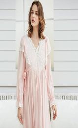 Gentlewoman Nightgown Vintage Lace Cotton Nightgown Women Elegant White Sleepwear Dress Long sleeved Nightdress Pink Ladies Y200426216321