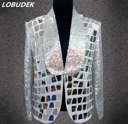 Male White Mirrors Jacket Coat Outfit Silver Sequins Outerwear prom party Show Singer Performance Clothing Bar Host Concert Stage 3843419