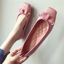 Casual Shoes Elegant Bean For Women 2024 Square Head Plus Size Flat Bow Bright Soft-soled High Quality Leather