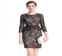 Lace Embroidery Women Sheath Dress Round Neck 34 Sleeve Ruffles Peplum Party Dresses 09171494721117