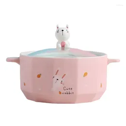 Bowls 800ml Cartoon Ceramic Noodle Bowl With Lid Student Creative Soup Home Two-ear Salad