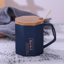 Mugs 300ml Nordic Handwork Coffee Cups With Lid Spoon Office Wooden Cover Ceramic Simple Rhombus For Men And Women 2024 Letter