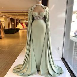 Elegant Mermaid Evening Dresses With Detachable Cape Beaded Crystal Formal Prom Gowns Custom Made Plus Size Pageant Wear Party Gown Rob 279c