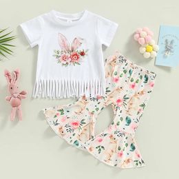Clothing Sets FOCUSNORM Kid Girls Clothes 0-4Y Short Sleeve Tassel Flower Print T-shirt With Flare Pants Outfits Easter Day
