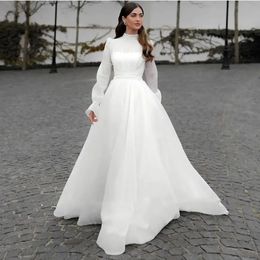 Princess A-line Wedding Dresses 2024 High Neck Long Sleeve Pleats Beads Organza Bridal Party Gown Sweep Train Vestidos De Novia