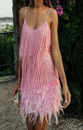 Casual Dresses Sexy VNeck Fringed Sequined 3D Feather Stitching Pink Dress Harajuku Bright Silk Tassels Party Bead Bandage Vestid4995914