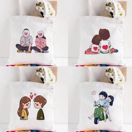 Shopping Bags Valentine Gift Reusable Tote Bag Women Canvas Shoulder Students Book Travel Cartoon Boyfriends Girlfriends