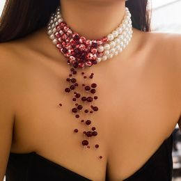 Multilayer Imitation Pearl Necklace Dripping Blood Choker Gothic Tassel Multi-layer Jewellery for Wedding Accessoires