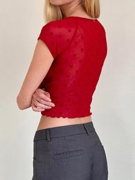 Women's Tanks Women Y2k Lace Crop Top Floral Short Sleeve Sheer Mesh See Though Trim TieUp Tops Slim Fit Shirt Streetwear