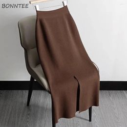 Skirts Knitting Women Spring Autumn Back Slit One Step Bodycon High Waist Slender Solid Straight Midi Office Lady Elegant Simple