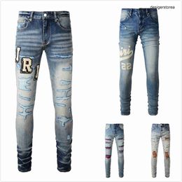 designer jeans for mens jeans linen pants Hip Hop Men Jeans Distressed Ripped Biker Slim Fit Motorcycle For Men Embroidery{category}
