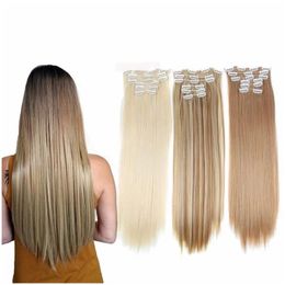 Clip In/On Hair Extensions In Synthetic 16 Clips Long Straight Black Brown Hairpiece 1 22Inch Wholesale For Woman Or Girl Drop Delive Dh51Y