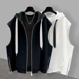 Men's T-Shirts Sleeveless T-shirt Men 2023 Summer Tank Top With Hood Men Fashion None Sleeve Hoodie Zip Up Casual Sportswear Clothes For Men Q240520