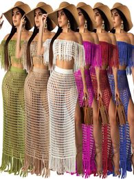 Sexy Knitted Women Dresses Two Pieces Set Slash Neck Cover Ups Slit Tassel Skirt Hollow Out Beach Crocheted Suit5458302