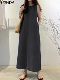 Casual Dresses 2024 VONDA Summer Women Fashion Elegant Long Sundress Denim Pleated Loose Sleeveless Robe A-Line Maxi Vestido Oversized