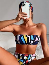 Women's Swimwear Scarf Three Piece Bikini Set Print Bodice Swimsuit Women Beach Style 2024 Thong Bathing Suit