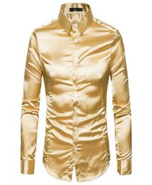 Silk Satin Smooth Men Solid Tuxedo Shirt Business Chemise Homme Casual Slim Fit Shiny Gold Wedding Dress Shirts3557398