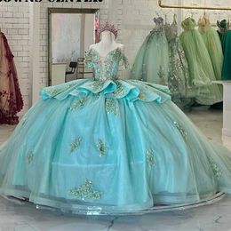 Sparky Mint Green 3D Flowers Quinceanera Dresses Off the Shoulder Ruffles Tiere Vestidos De XV Anos Beaded Sequin Ball Gown vestidos de 15 quinceanera