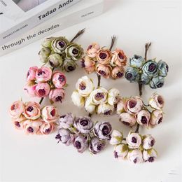 Decorative Flowers 6Pcs Artificial Flower Mini Rose Bouquet For Home Wedding Decoration Handmake Scrapbooking DIY Wreaths Craft Fake