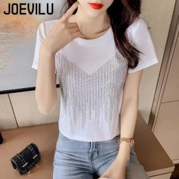 Diamond Short Sleeve T Shirt Female Slim Fit Fake Two Shiny Round Neck Top Summer Casual Aesthetic Y2k Tee Korean Kawaii Clothes
