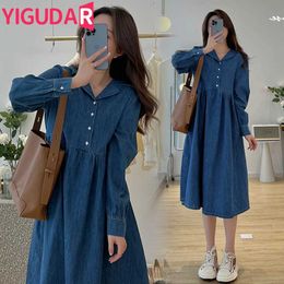 Maternity Dresses Spring and Autumn Leisure Fashion Long sleeved Denim Pregnant Womens Wear Leisure Loose Straight Pregnant Womens Wear d240520