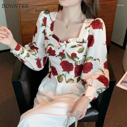 Women's Blouses Long Sleeve Shirts Women Floral Printed Spring Summer Thin Vintage Chic Cropped Tops Loose Square Collar Chains Basic