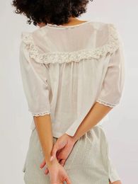 Women's Blouses Women Short Sleeve See Through Crop Tops Buttons Down Summer Loose Ruffles Lace Shirts Y2K Streetwear