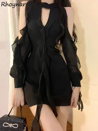 Casual Dresses Solid Women Sexy Long Sleeve Design Mini Ruffles Off Shoulder Temperament Korean Style Trendy Female Summer Chic