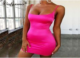 Colysmo Stretch Satin Mini Dress Women Sexy Straps Slim Fit Bodycon Party Dress Neon Green Pink Duallayered Robe Femme5630399