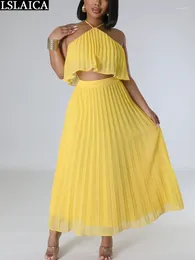 Work Dresses Solid Colour Women's Clothing Sets Luxury 2024 Pleated Beach Outfits Fashion 2 Piece Set Skirt And Top Elegant Two-piece Party